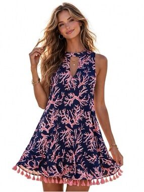 Simply Southern Navy Dress with Pink Coral Print and Tassel Hem XL